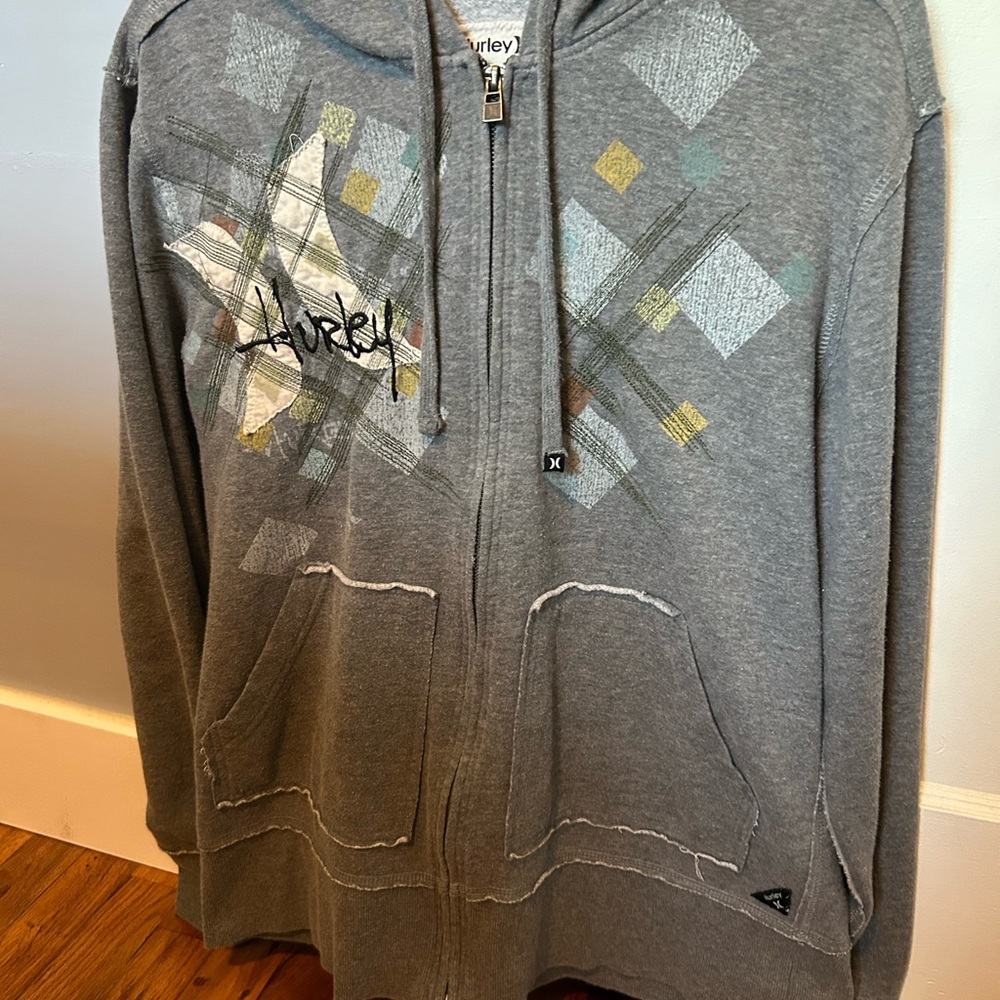 Hurley Gray Zip-Up Jacket with Graphic Design with thumb holes